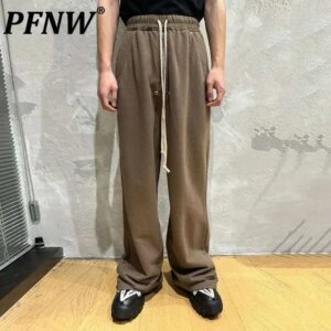 PFNW High Quality Unisex Zipper Design Drawstring Elastic High Waist Loose Wide Leg Trailing Sweatpants Causal Trousers 28W5550