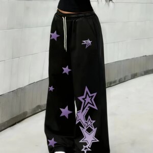 Summer Hot Purple Star Full Print Wide Leg Sweatpants Unisex Drawstring Loose Y2K Hip Hop Streetwear Casual Long Trousers Y2k