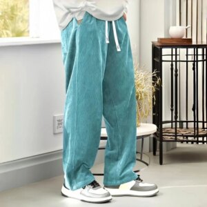 2026 Autumn Mens Corduroy Casual Pants Fashion Loose Fit Pants Straight Sweatpants Elastic Waist Drawstring Outdoor Streetwear