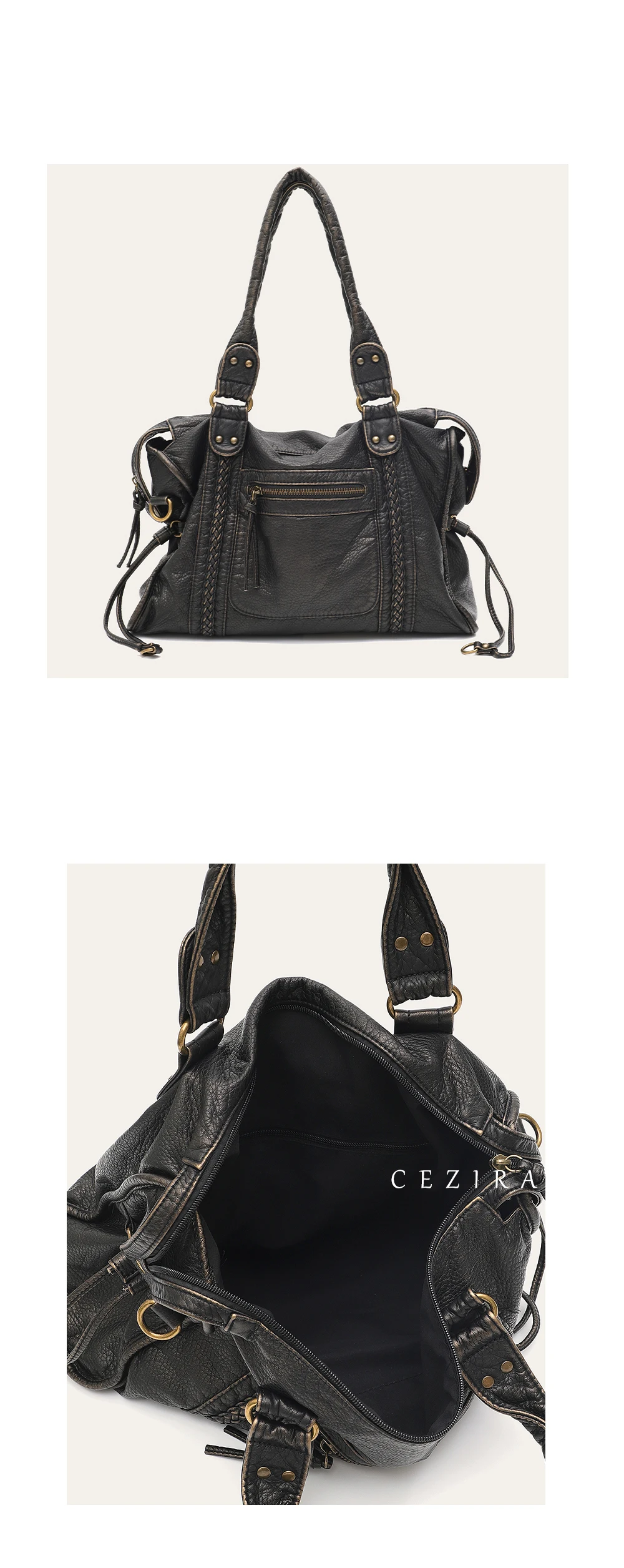 Vintage Washed PU Leather Large Capacity Tote Zip Pockets Braid Decor Shoulder Cross body Bag Unisex Women Daily Travel Handbag Vintage Washed PU Leather Large Capacity Tote Zip Pockets Braid Decor Shoulder Cross body Bag Unisex Women Daily Travel Handbag