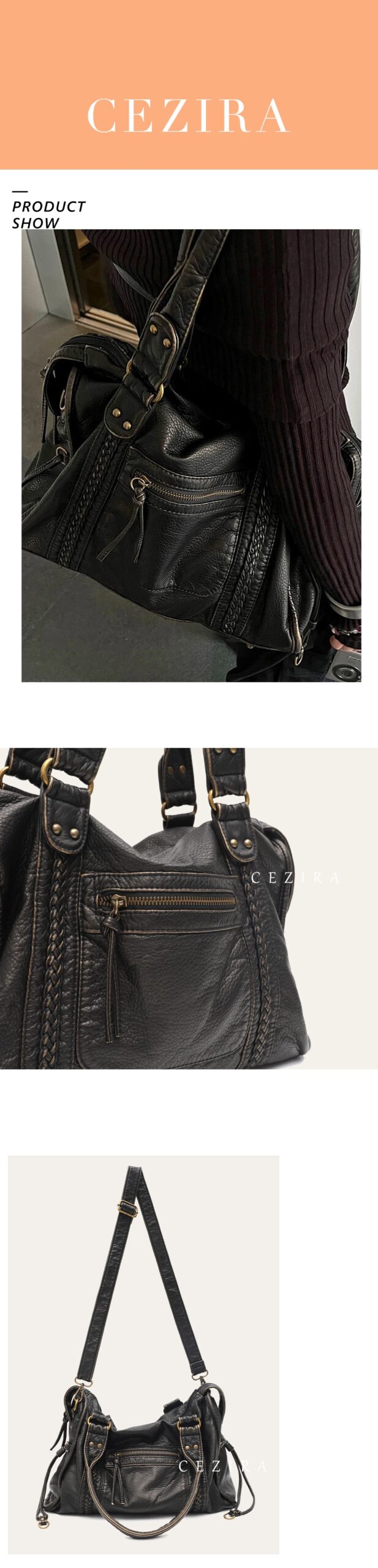 Vintage Washed PU Leather Large Capacity Tote Zip Pockets Braid Decor Shoulder Cross body Bag Unisex Women Daily Travel Handbag Vintage Washed PU Leather Large Capacity Tote Zip Pockets Braid Decor Shoulder Cross body Bag Unisex Women Daily Travel Handbag