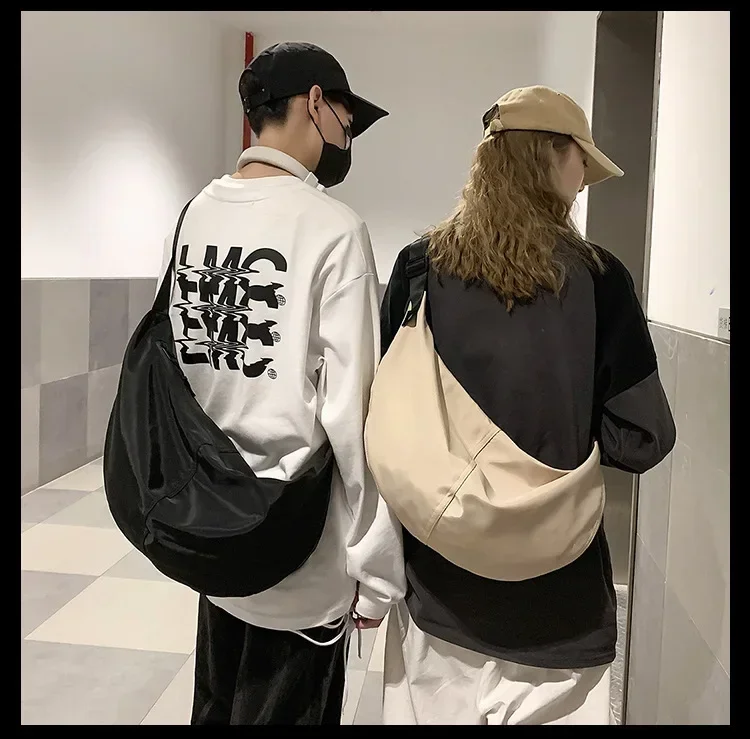 Crossbody Bags Men Solid Color Large Capacity Hobos Unisex Harajuku Japanese Style Nylon Waterproof Travel Shoulder Zipper Purse