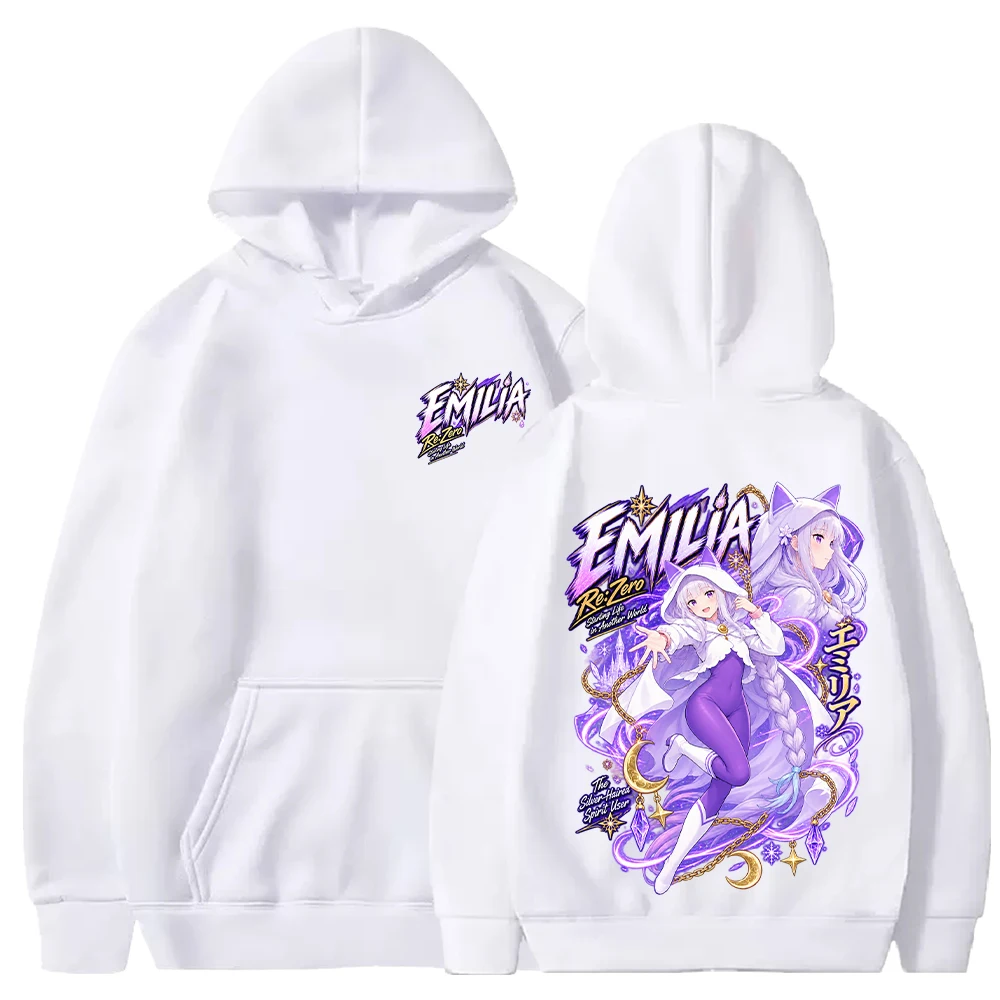 2026 Trendy Emilia Re:Zero Hoodies Harajuku Anime Printed Streetwear Long Sleeve Loose Fleece Hooded Pullover Men Women Clothing