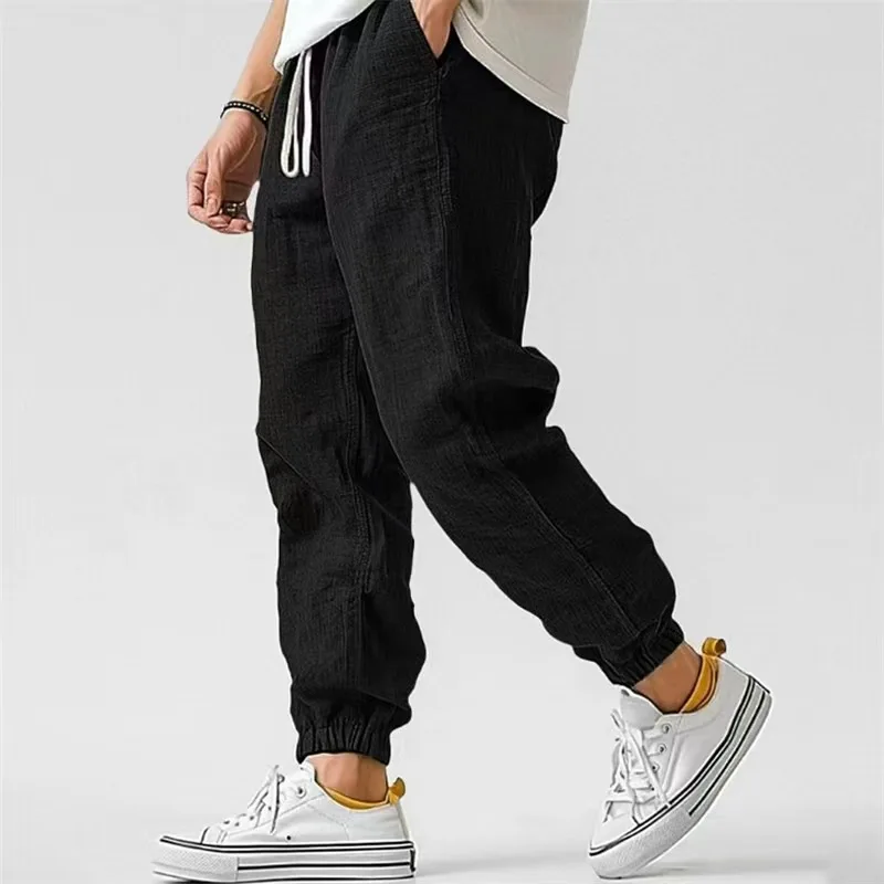 2026 New Cotton Linen Harem Pants Men Solid Elastic Waist Streetwear Joggers New Baggy Drop-crotch Pants Casual Trousers Men