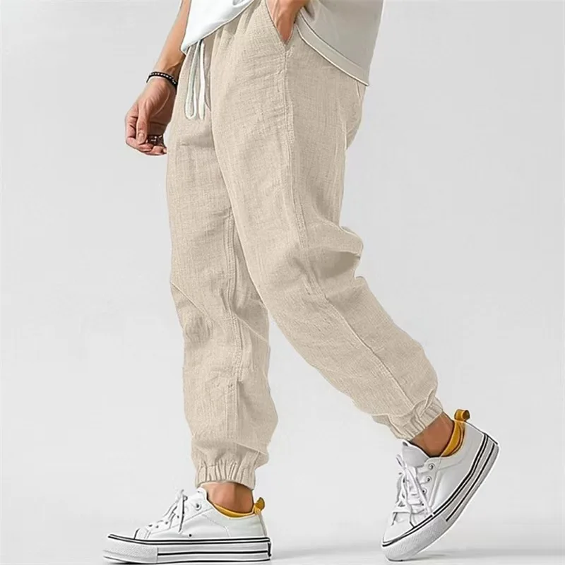 2026 New Cotton Linen Harem Pants Men Solid Elastic Waist Streetwear Joggers New Baggy Drop-crotch Pants Casual Trousers Men