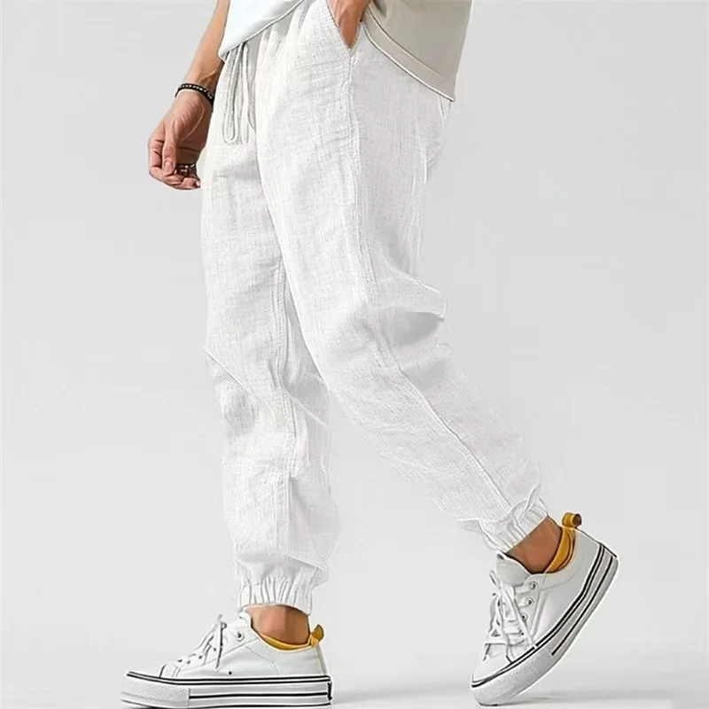 2026 New Cotton Linen Harem Pants Men Solid Elastic Waist Streetwear Joggers New Baggy Drop-crotch Pants Casual Trousers Men