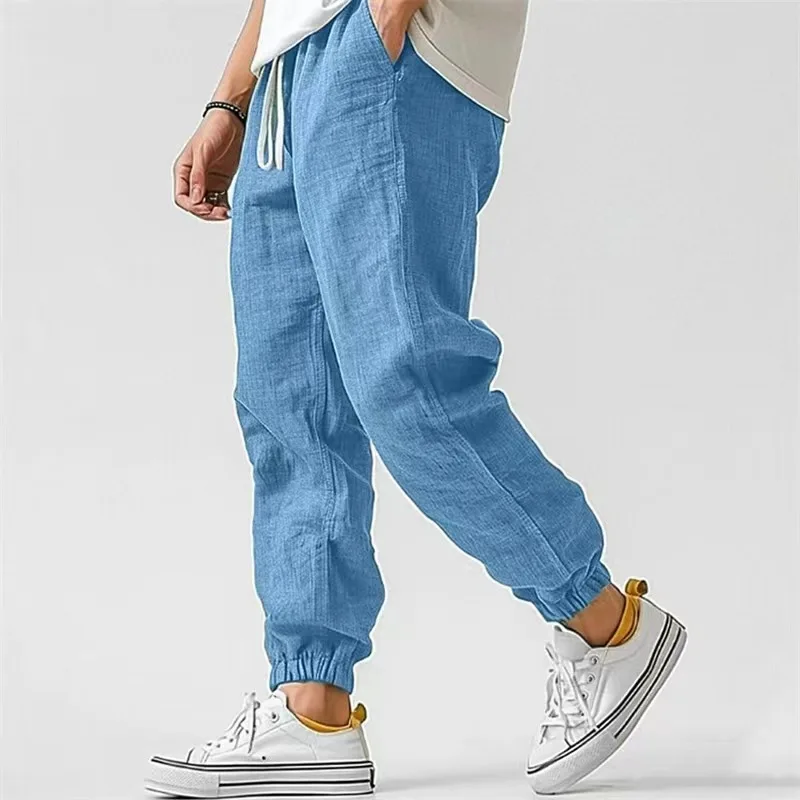 2026 New Cotton Linen Harem Pants Men Solid Elastic Waist Streetwear Joggers New Baggy Drop-crotch Pants Casual Trousers Men