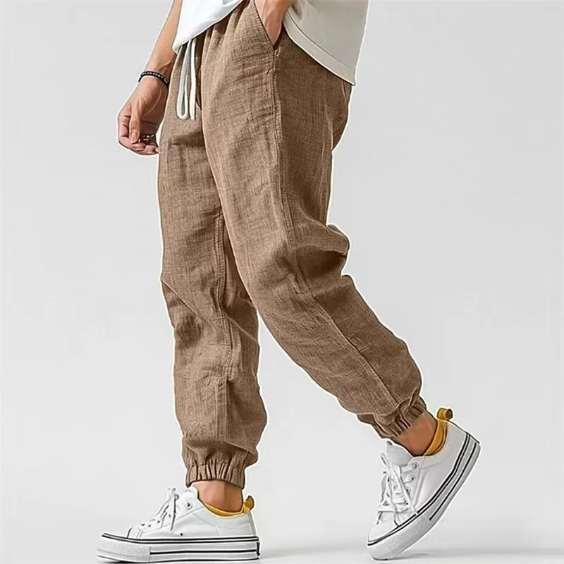 2026 New Cotton Linen Harem Pants Men Solid Elastic Waist Streetwear Joggers New Baggy Drop-crotch Pants Casual Trousers Men