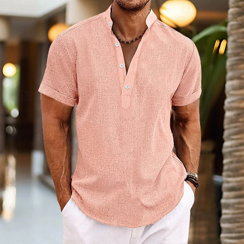 New Solid Color Men's Long-Sleeved Shirt, Loose Plus Size, Vacation Style, Henley Collar Top, Outdoor Casual Fashion Top