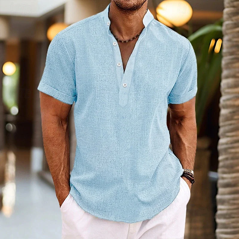 New Solid Color Men's Long-Sleeved Shirt, Loose Plus Size, Vacation Style, Henley Collar Top, Outdoor Casual Fashion Top