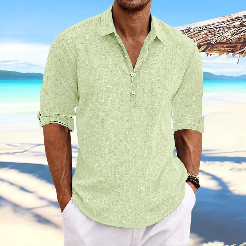 New Solid Color Men's Long-Sleeved Shirt, Loose Plus Size, Vacation Style, Henley Collar Top, Outdoor Casual Fashion Top