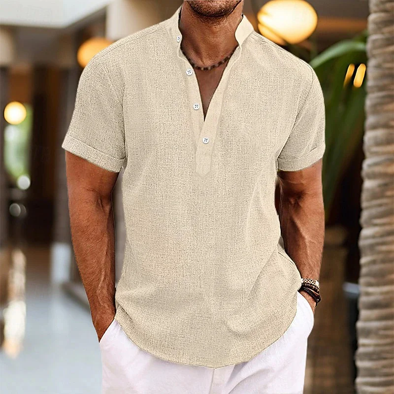 New Solid Color Men's Long-Sleeved Shirt, Loose Plus Size, Vacation Style, Henley Collar Top, Outdoor Casual Fashion Top
