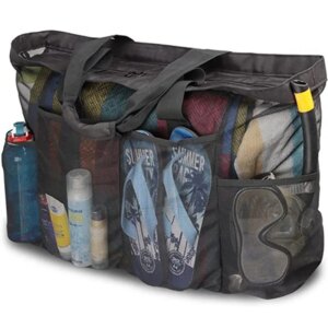 Giant Capacity Beach Tote Bag | Lightweight & Waterproof Foldable Design with Zipper Pockets, Mesh Straps for Pool, Travel & Gym