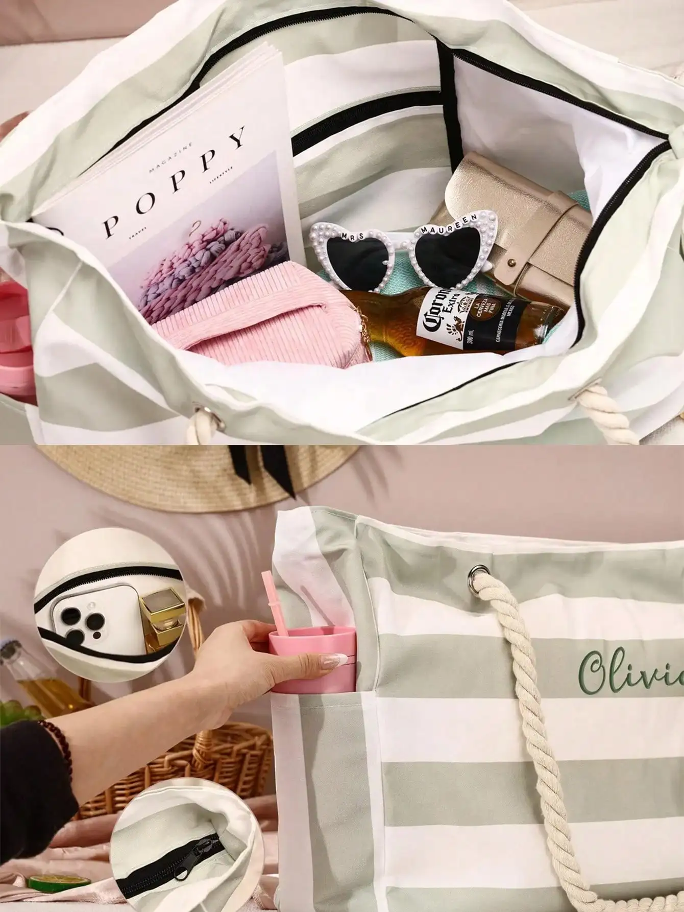 Custom Embroidery Name Striped Beach Bag Women Large Rope Handle Tote Bag Personalized Summer Swim Bag Vacation Gift Custom Embroidery Name Striped Beach Bag Women Large Rope Handle Tote Bag Personalized Summer Swim Bag Vacation Gift