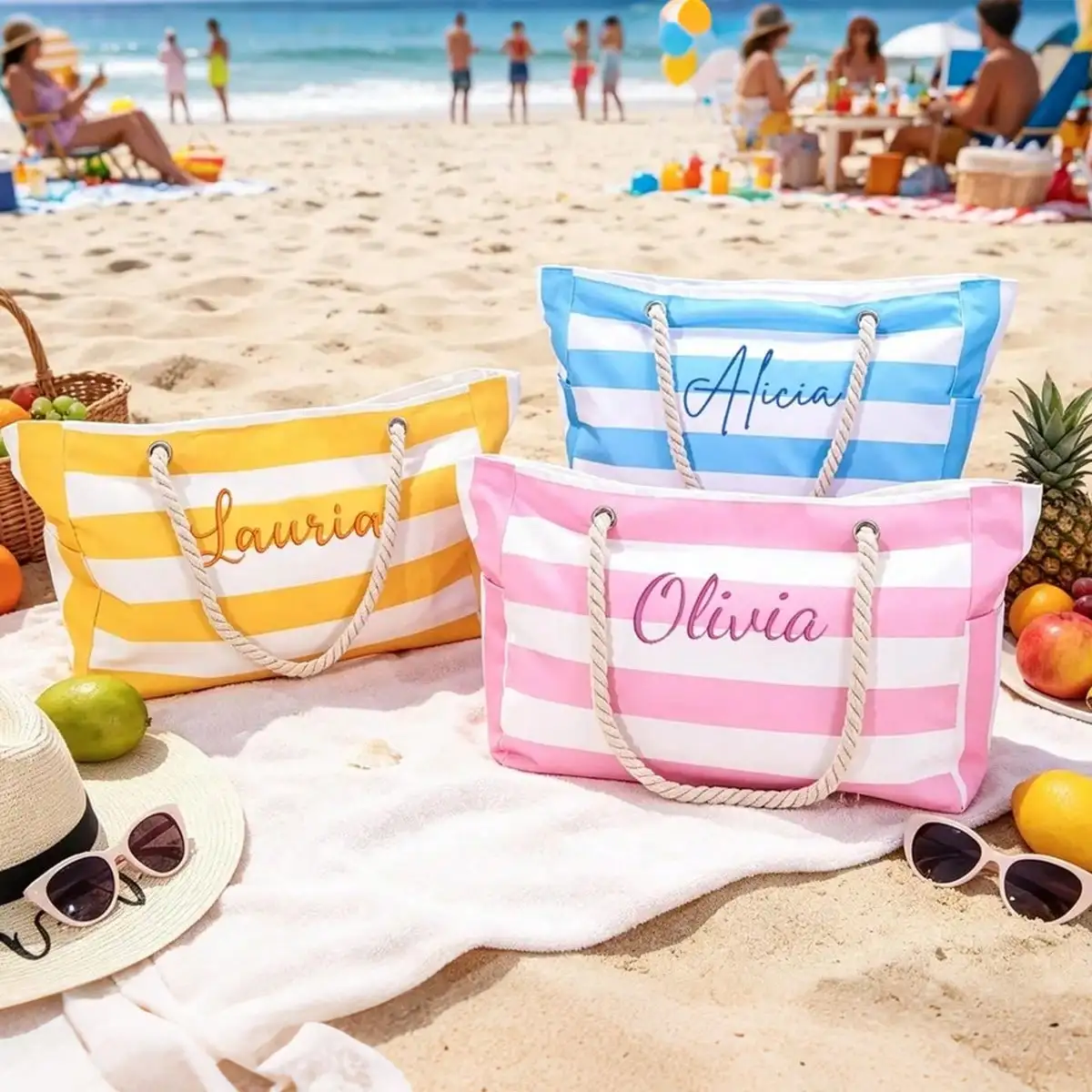 Custom Embroidery Name Striped Beach Bag Women Large Rope Handle Tote Bag Personalized Summer Swim Bag Vacation Gift - Image 3