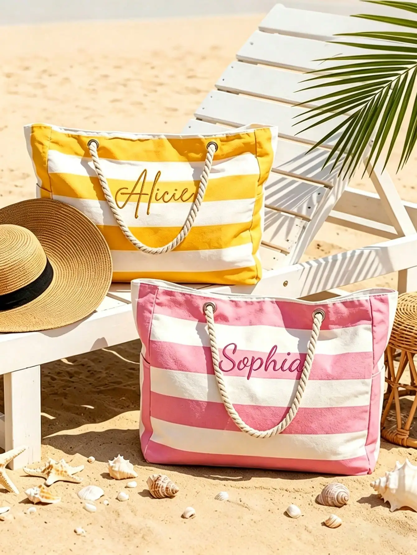 Custom Embroidery Name Striped Beach Bag Women Large Rope Handle Tote Bag Personalized Summer Swim Bag Vacation Gift
