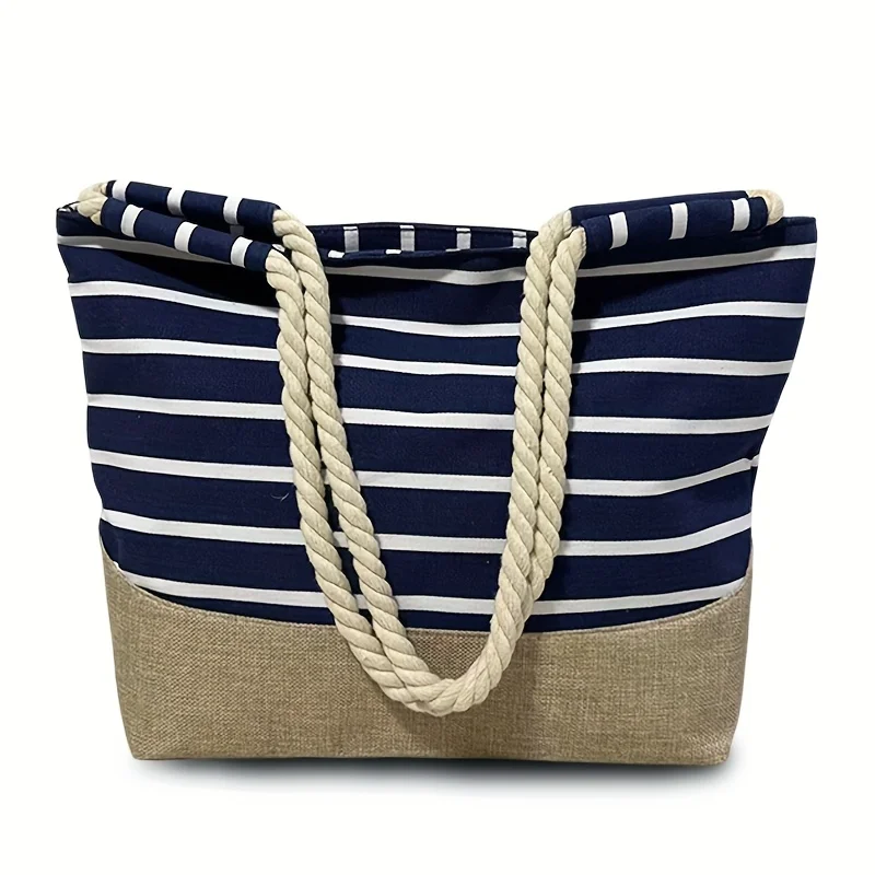 Vintage Bohemian Style Blue Striped Women's Tote Bag, Perfect for Travel, Shopping, and Daily Use, Large Capacity, Portable