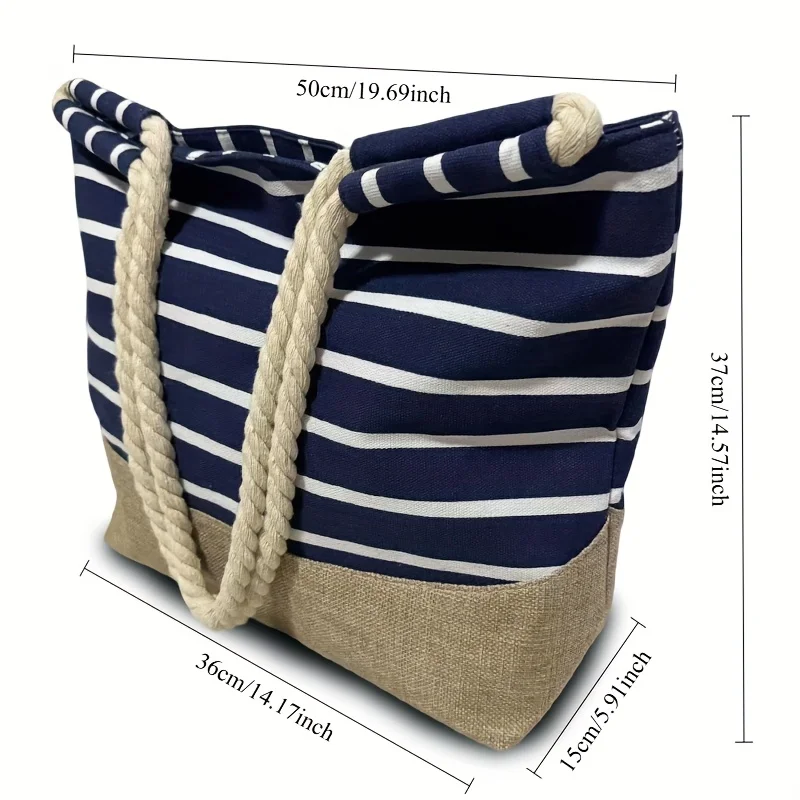 Vintage Bohemian Style Blue Striped Women's Tote Bag, Perfect for Travel, Shopping, and Daily Use, Large Capacity, Portable