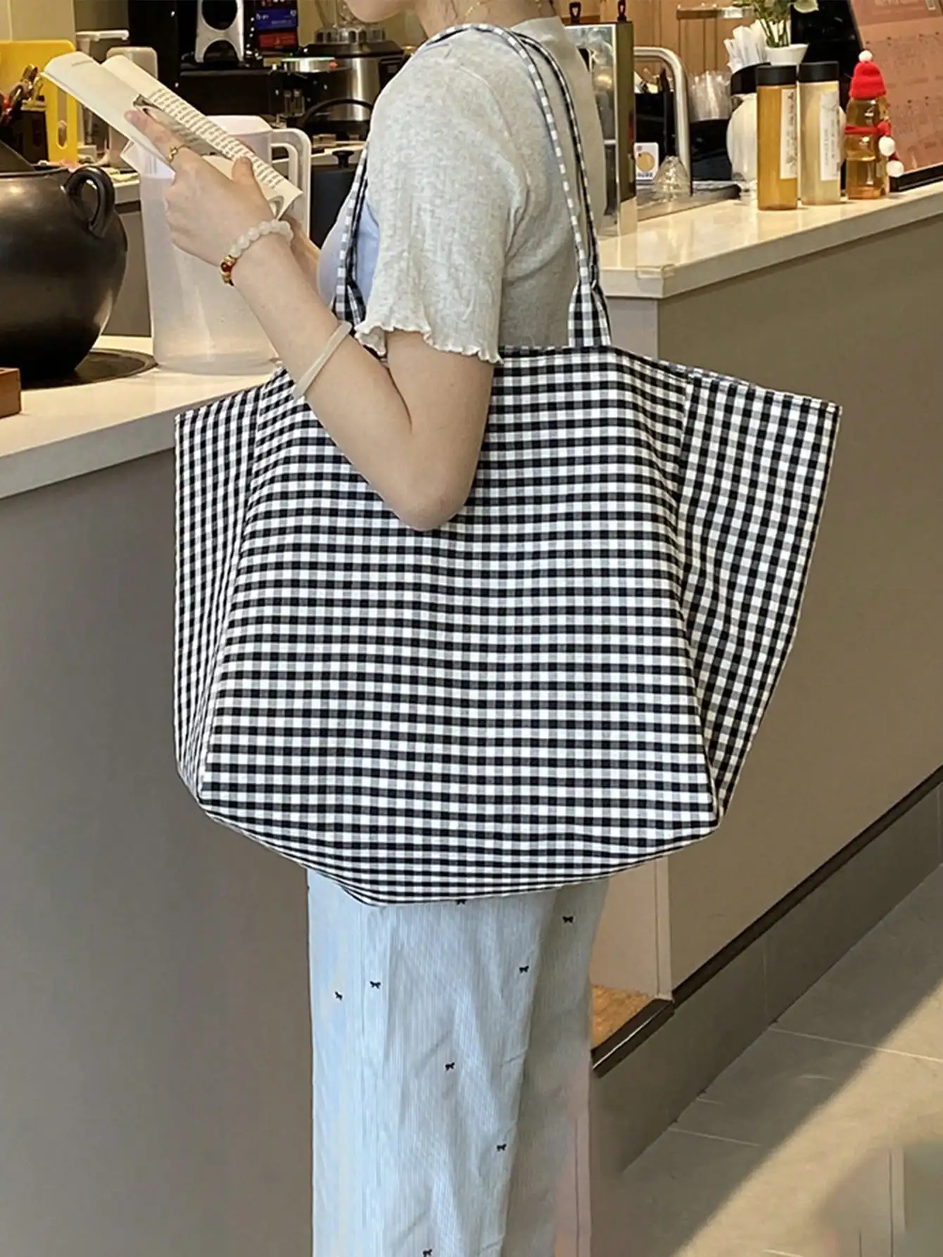 (Customized) Customized embroidered simple checkered canvas shoulder bag original large capacity niche multifunctional commuting