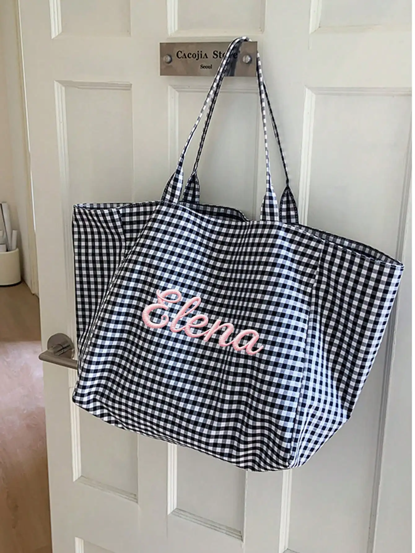(Customized) Customized embroidered simple checkered canvas shoulder bag original large capacity niche multifunctional commuting