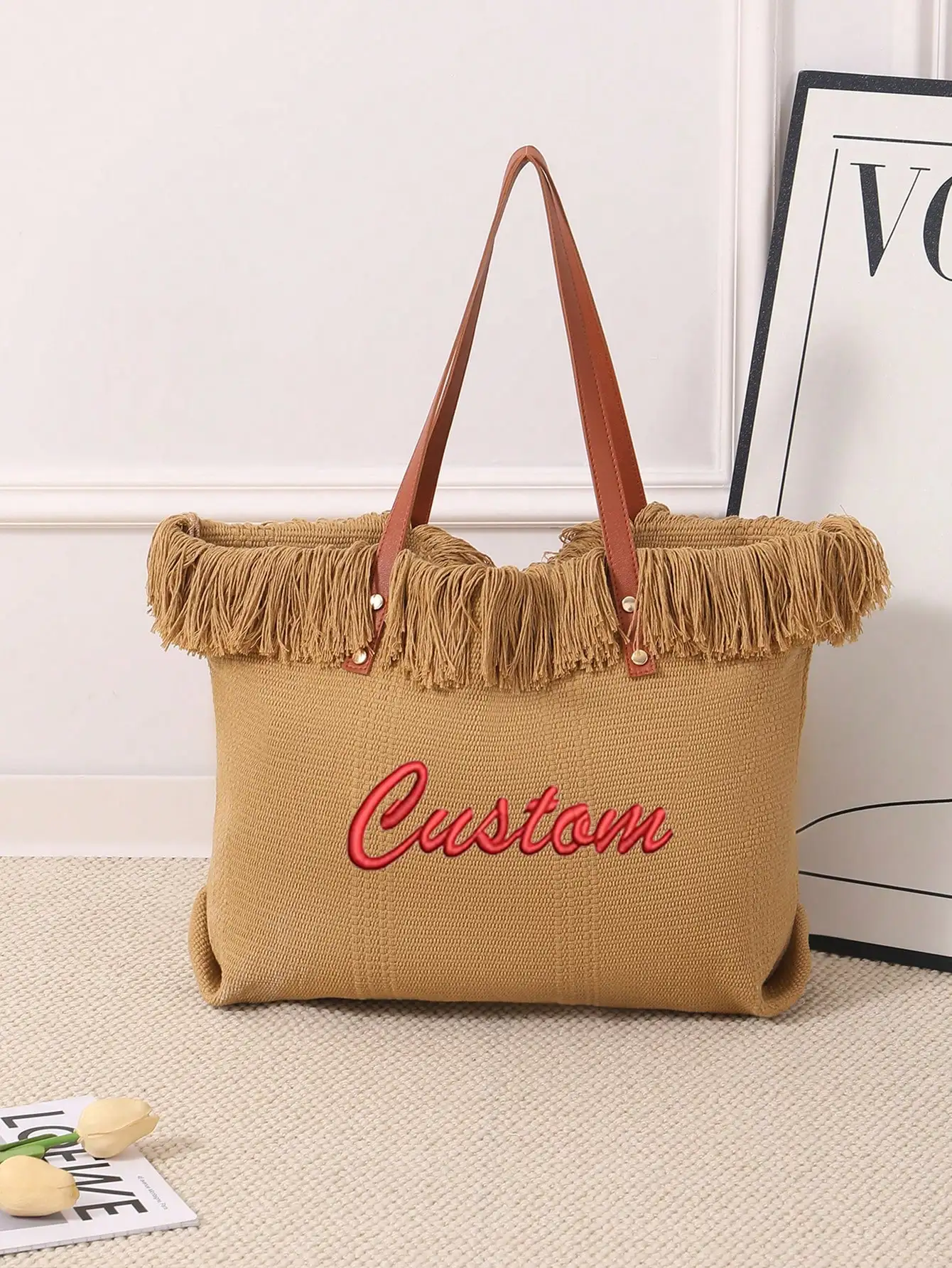 (Customized) Customized embroidered simple checkered canvas shoulder bag original large capacity niche multifunctional commuting