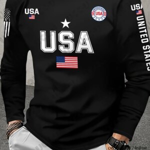2026 New Men‘s USA Flag Graphic Printed Long Sleeve T-shirt Fashion Sports O-neck Tees Casual Male Clothes Loose Oversized Tops
