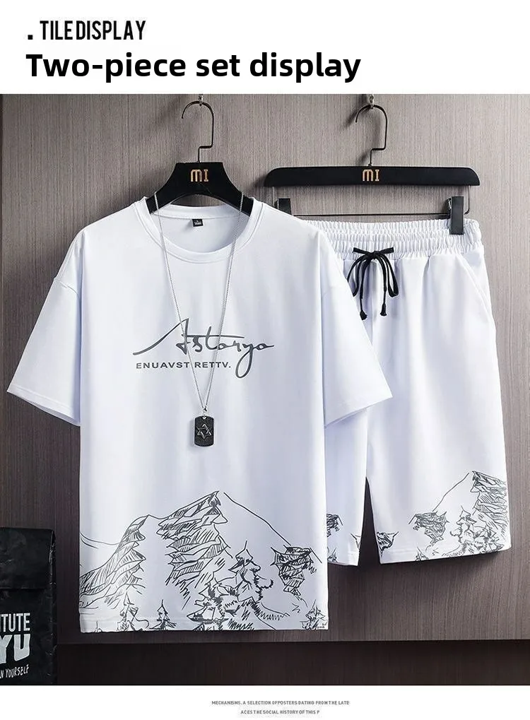 Casual Ice Silk Men's Sportswear Set Summer Trendy Brand Loose Fit Two-Piece Youthful Short Sleeve T-Shirt And Shorts Ensemble Casual Ice Silk Men's Sportswear Set Summer Trendy Brand Loose Fit Two-Piece Youthful Short Sleeve T-Shirt And Shorts Ensemble