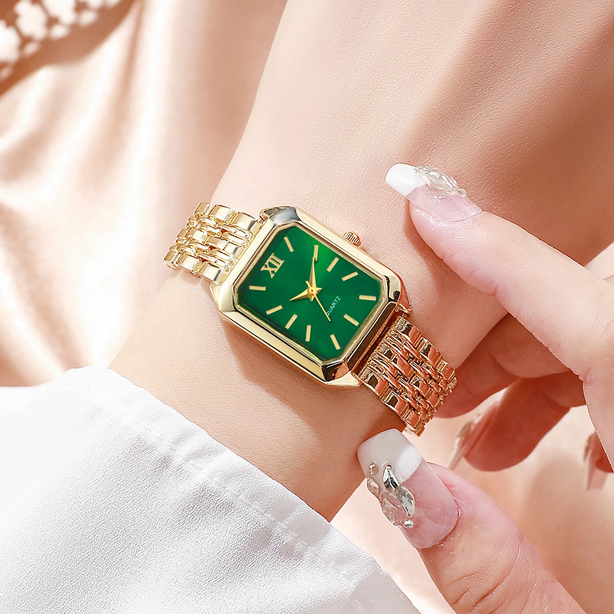2PCS Fashion Rectangle Women Quartz Watch Rhinestone Bracelet Set Ladies Roma Dial Wristwatch Reloj Mujer Girls Clock Gift