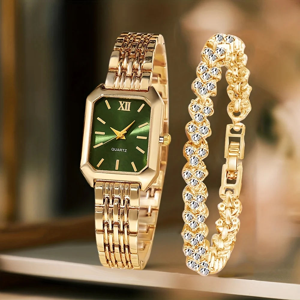 2PCS Fashion Rectangle Women Quartz Watch Rhinestone Bracelet Set Ladies Roma Dial Wristwatch Reloj Mujer Girls Clock Gift