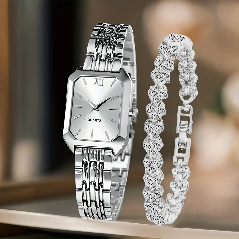 2PCS Fashion Rectangle Women Quartz Watch Rhinestone Bracelet Set Ladies Roma Dial Wristwatch Reloj Mujer Girls Clock Gift